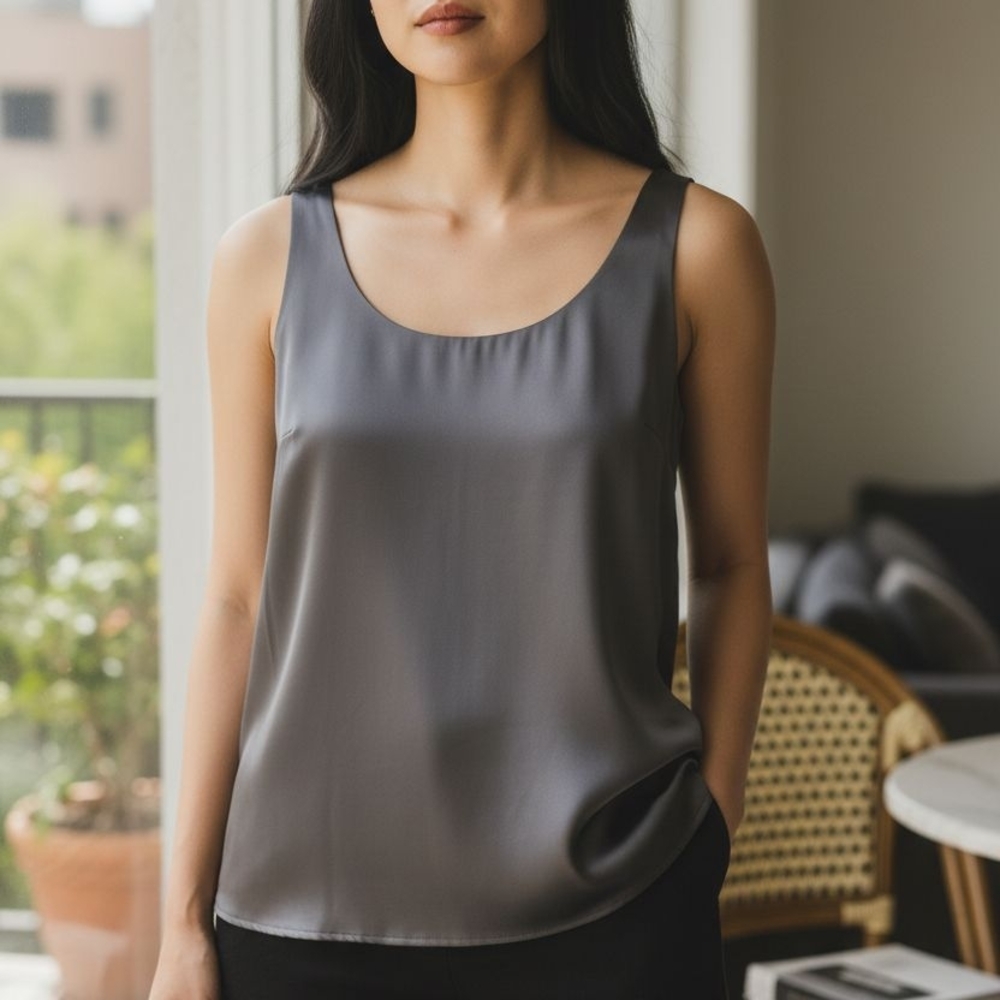 Chic Gray Satin Sleeveless Blouse